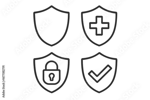 Security shield icon set. Protection, safety, and guarantee concept. Vector linear signs with lock, checkmark, and medical cross for web design, apps, and UI. Approved.