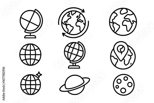 Globe and planet thin line icon set. Earth, world map, moon, saturn outline icons for web design, apps, travel, geography, astronomy, globalization, location and navigation.