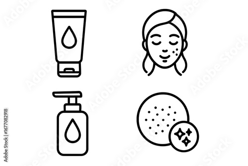 Skincare outline icon set. Vector line art of face with acne, cream tube, cleanser pump bottle, and pore cleansing icon. Dermatology, cosmetology, and beauty product symbols.