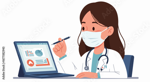 Female doctor in mask reviewing medical charts on laptop. Doctor analyzes patient data, healthcare professional examines medical records.  Concept image for telehealth or online medical consultation.