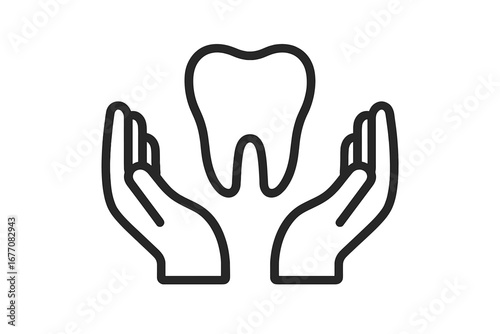 Dental care icon. Tooth in hands symbol. Oral health and hygiene concept. Dentistry, stomatology logo. Dentist clinic protection and insurance metaphor. Vector line illustration.