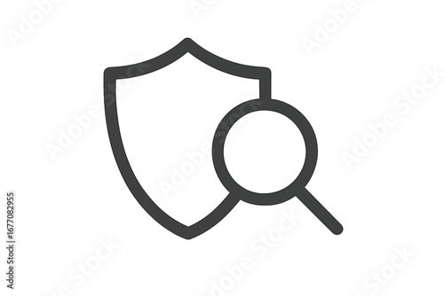 Security analysis vector line icon. Shield and magnifying glass. Protection check, safety audit, and vulnerability scan concept. Antivirus and data privacy symbol for web.