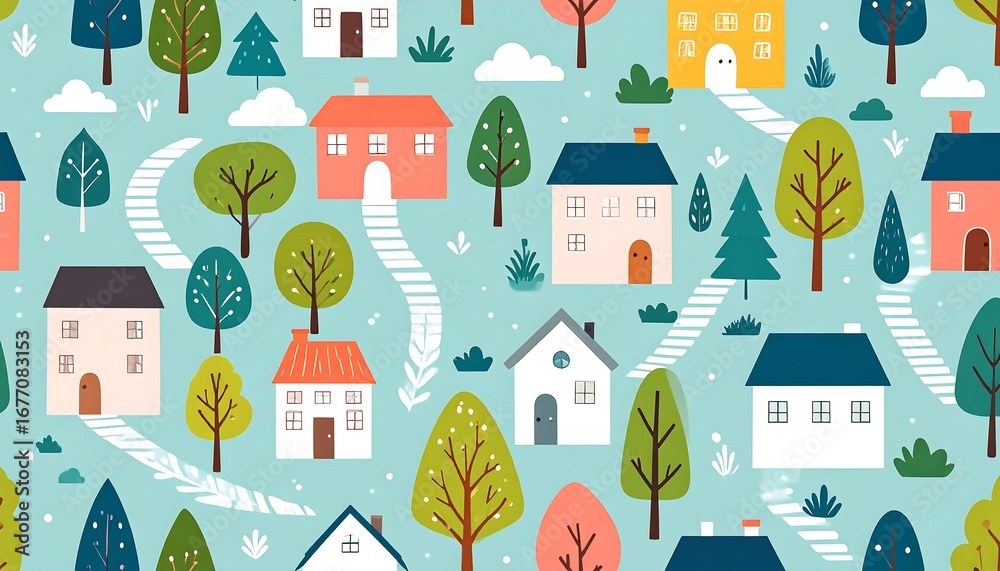 Cute town pattern with houses and trees Cute town pattern with houses and trees