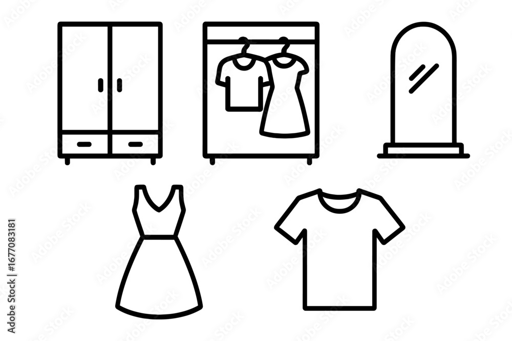 Fototapeta premium Set of Minimalist Line Icons Featuring Closet, Wardrobe, Mirror, Dress, T-Shirt - Editable Stroke Vector for App Design, Web Banners, Cards, and Social Media Posts