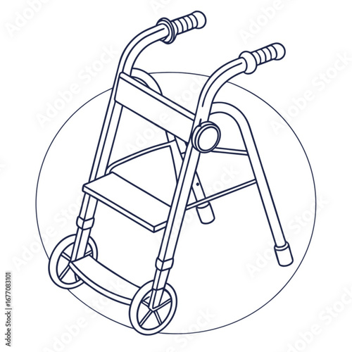 Minimilist illustration of a folding walker with wheels and hand grips inside a circle background design element vector