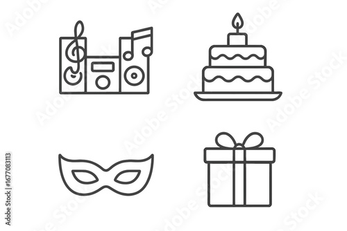 Musical center, birthday cake with candle, masquerade mask, gift present thin line icon set, editable stroke, celebration symbols for banners, cards, social media, app design, vector illustration