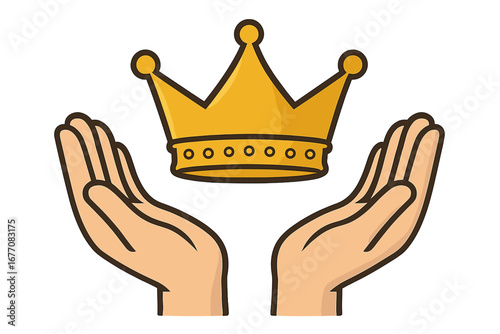 Golden crown over open hands vector concept illustration. Symbol of royalty, power, wealth, blessing and responsibility. Icon for premium services, success, authority and luxury.
