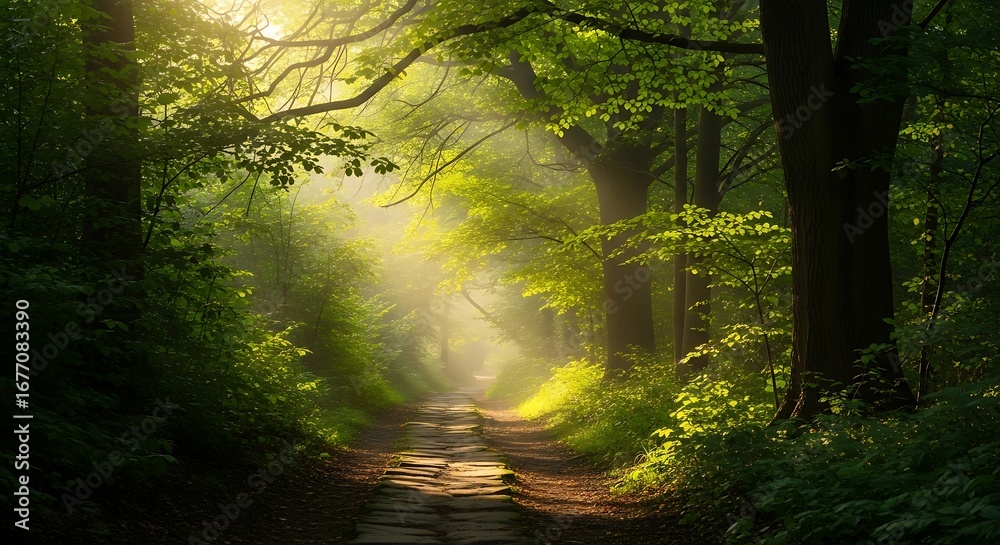 Obraz premium Sunlight Path Through Lush Forest.