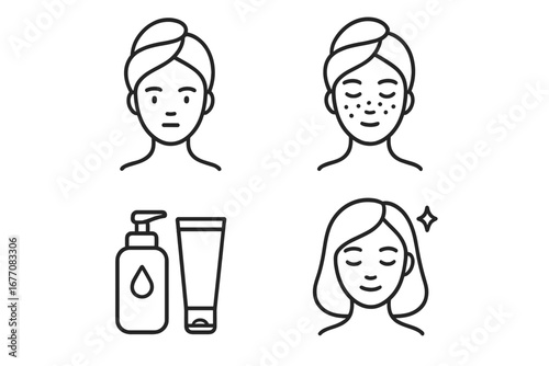 Skincare routine icon set. Before and after effect. Acne, pimple treatment for clear skin. Woman face with skin problem. Beauty, cosmetology, dermatology concept vector icons.