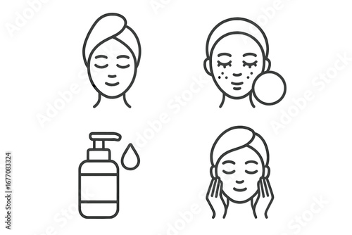 Skincare routine line icon set. Beauty and face care cosmetic procedures. Vector for cleansing, moisturizing, acne treatment. Woman at spa, lotion, cream, serum symbol.