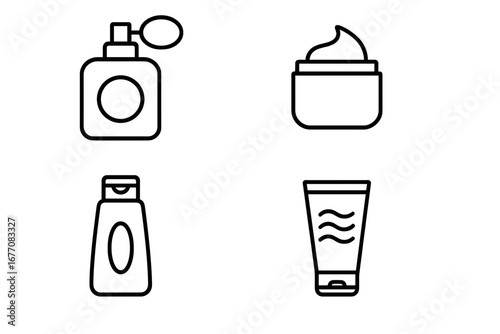 Cosmetic and beauty product icon set. Perfume, cream, shampoo, gel bottles and tubes. Modern simple outline style vector illustration for skincare, hygiene, web, and apps.