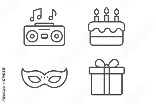Party line icon pack collection with modern linear design elements for websites, apps, cards featuring musical center, birthday cake, masquerade mask, gift present vector set