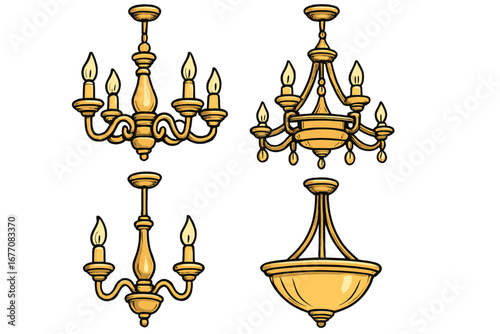Set of vintage chandeliers. Golden luxury lamp collection for interior design. Classic antique baroque rococo style ceiling light fixtures. Vector cartoon illustration isolated.