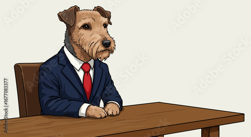 Airedale Terrier dog in suit sitting at desk. This stylish dog in business attire is perfect for corporate branding. This image of dog in business suit is ideal for presentations.