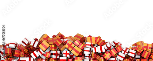 tas de paquets cadeaux empilés pour Noël sur le bas de l'image - fond transparent - rendu 3D
