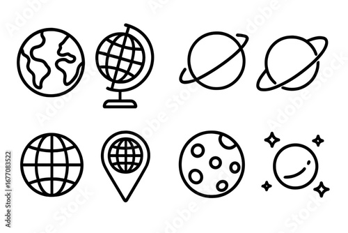Globe and planet icon set. Earth, world, and space symbols. Outline vector icons for web, apps. Astronomy and geography signs. Moon, saturn, location pin illustration.