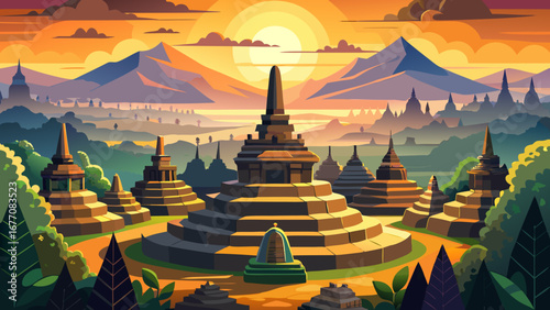 The Borobudur Temple in Indonesia rises like a stone mandala, with tiered terraces and stupas circling upwards, offering panoramic sunrise views across misty volcanic landscapes.