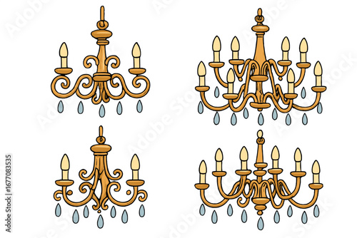 Set of vintage chandeliers. Classic elegant luxury lamps with crystals. Golden antique baroque ceiling light fixtures for interior decor. Vector cartoon illustration collection.
