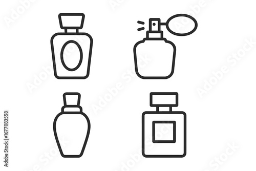 Perfume bottle line icon set. Minimalist outline symbols for cosmetics and beauty. Vector graphic elements for fragrance, spray, scent, aroma, cologne, and fashion concepts.