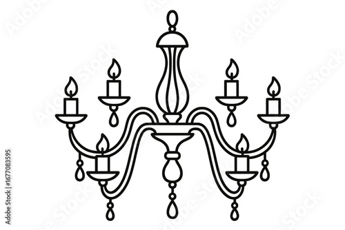 Classic chandelier with burning candles. Line art vector illustration for interior design or logo. Vintage candelabrum icon. Luxury, elegant home decor element. Baroque style lamp.