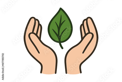 Hands holding a green leaf vector. Symbol of nature protection, ecology, and environmental conservation. Concept for growth, care, organic life, and sustainability for apps.