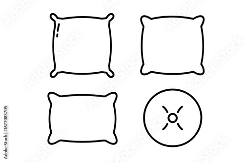 Collection of Black and White Pillow and Cushion Icons with Editable Stroke for Infographics, Articles, Books, Flyers, and Banners. Vector Cartoon Illustration Set with Transparent Background