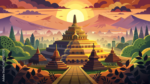 The Borobudur Temple in Indonesia rises like a stone mandala, with tiered terraces and stupas circling upwards, offering panoramic sunrise views across misty volcanic landscapes.