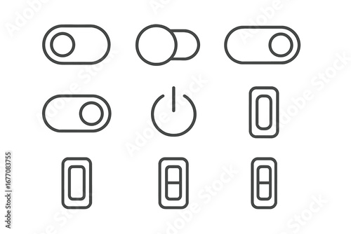On Off Switch toggle line icon set. Power button, slider and rocker switches. User interface outline icons for web design, apps. UI UX elements. Minimal vector symbol collection.