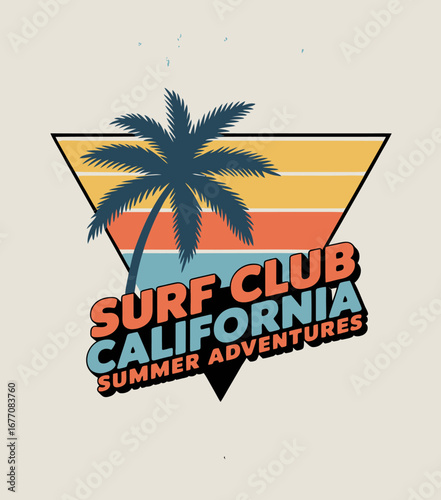 A colorful retro-inspired logo design featuring a palm tree and sunset hues, perfect for surf clubs and summer adventures in California's coastline.