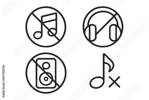 No music sign icon set. Keep quiet symbol collection. No sound, no headphones, no speaker pictogram. Silent mode concept vector illustration for apps, web, and graphics.