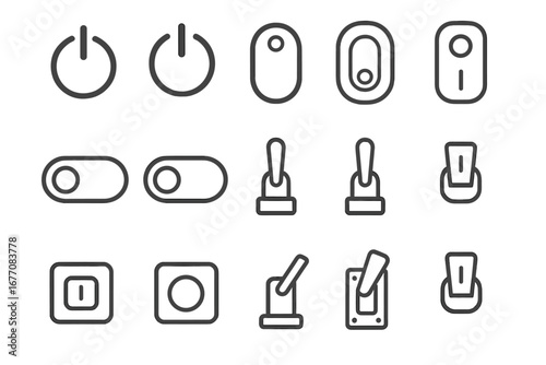 On off switch icon set. Power button, toggle and lever line icons for UI UX web design. Outline pictogram collection for app interface, website, start, stop, turn on concept.