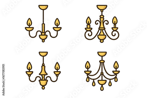 Chandelier icon set for interior design. Golden vintage classic ceiling lamp collection. Luxury light fixture for home decor. Elegant lustre pictogram symbol for graphic design.