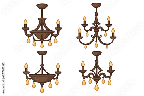 Set of vintage chandeliers. Classic brown ceiling lamps with crystal drops. Elegant retro lighting fixtures for interior design. Luxury home decor vector illustration collection.