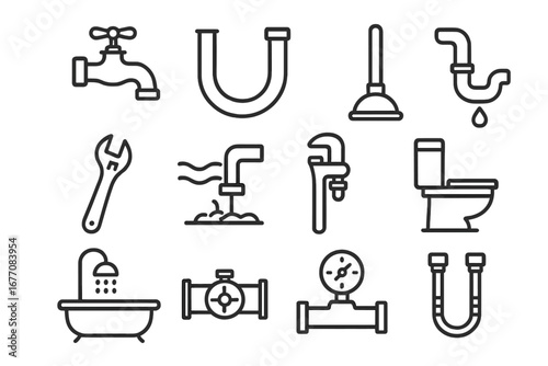 Plumbing Outline Icon Collection with Editable Stroke for Infographics, Articles, Books, Flyers, Banners, Vector Cartoon Illustration, Transparent Background, Repair Tools and Fixtures