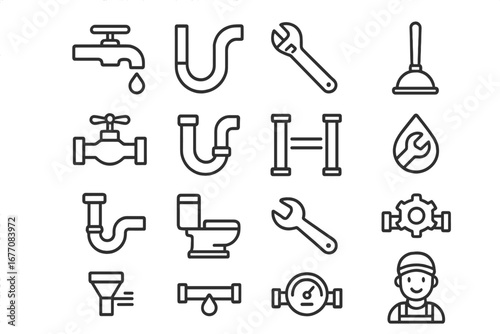 Plumbing Outline Icon Collection with Editable Stroke for Infographics, Articles, Books, Flyers, and Banners, Vector Cartoon Style Tools, Pipes, Faucet, Toilet, Pipe Repair Symbols