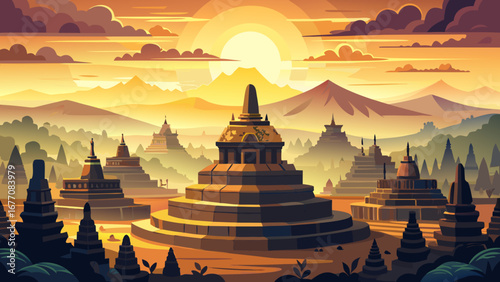 The Borobudur Temple in Indonesia rises like a stone mandala, with tiered terraces and stupas circling upwards, offering panoramic sunrise views across misty volcanic landscapes.