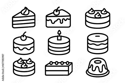 Various cakes bundle with thin editable stroke icons, vector cartoon illustrations for websites, books, cards, apps, bakery desserts, pastries and sweets design elements