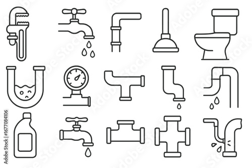 Plumbing related line icon collection, editable stroke perfect for infographics, articles, books, flyers, banners, vector cartoon illustration of tools, pipes, faucets, leaks, plumbing equipment