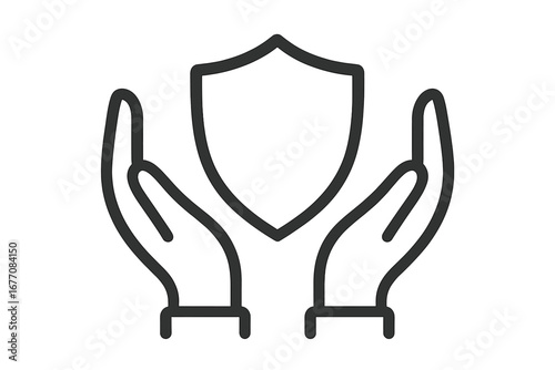 Hands holding a shield line icon. Concept of protection, security, and safety. Insurance, guarantee, and defense symbol. Privacy and data protection. Trust and reliability vector.