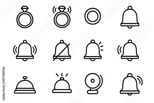 Ring and Bell Outline Icon Collection, Editable Stroke Vector Set, Minimalist Line Art for Infographics, Articles, Books, Flyers, Banners, Cartoon Style Illustrations