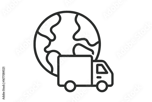 Worldwide shipping icon with planet Earth and delivery truck. Global logistics, international freight transport symbol. E-commerce, distribution, cargo vector pictogram.