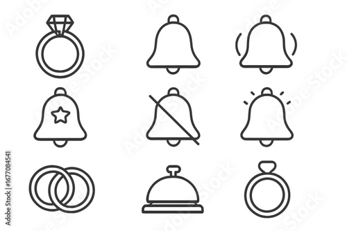 Ring and Bell Outline Icon Set, Editable Stroke Vector Collection, Cartoon Style, Ideal for Infographics, Articles, Books, Flyers, Banners, and Digital Design Elements