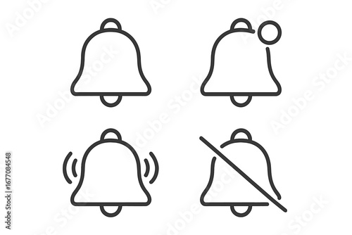 Ring Bell Outline Icon Collection, Editable Stroke Vector Set, Notification and Alert Symbols, Cartoon Style Bell Illustrations for Infographics, Articles, Books, Flyers, Banners, Web Design
