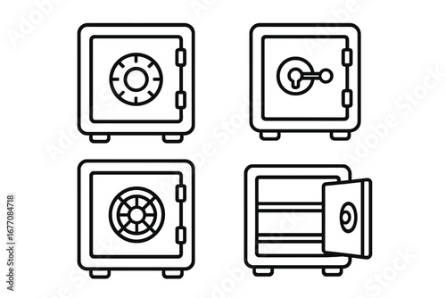 Safe deposit box outline icon collection, editable stroke vector set, secure vaults, locked strongboxes, financial security concept, protection symbols for infographics and articles