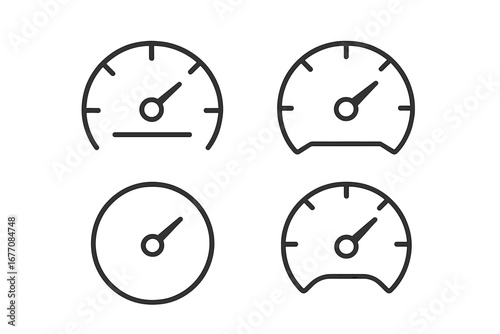 Speedometer icon set. Car dashboard tachometer gauge symbol. Vector outline illustration for speed, power, performance measurement. Simple line art for UI, UX, app design.