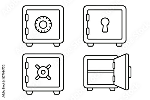Safe deposit box outline collection with editable stroke, secure vault icons, vector cartoon illustrations for infographics, articles, books, flyers, and banners designs