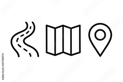 Route, road, and map pin icon set for navigation and travel concepts. GPS location marker, journey destination pointer, and itinerary planning symbol for web, apps, and print.