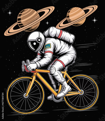 This illustration features a cycling astronaut floating in space, surrounded by planets, evoking themes of adventure, exploration, and the boundless possibilities of outer space.