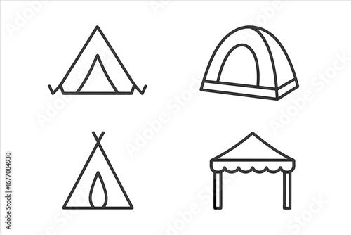 Tent icon pack vector line art. Camping shelter symbol set. Outdoor adventure, travel, hiking concept. Dome tent, teepee, canopy pavilion. Outline design for web, app, UI, UX.