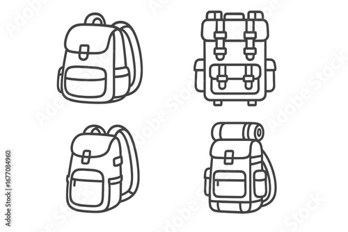 Schoolbag and Hiking Backpack Outline Collection with Editable Stroke, Vector Cartoon Style Set for Tracking, Travel, Outdoor Adventure, Infographics, Articles, Flyers, Banners